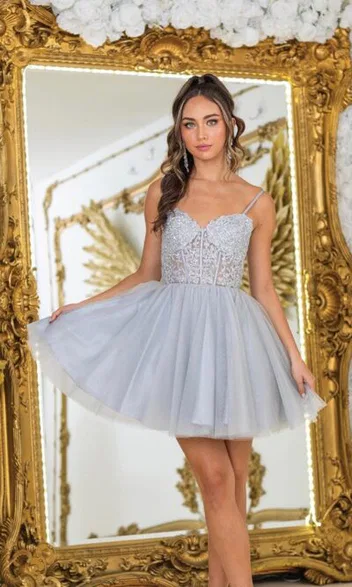 open lace back dress Short Ruffled Homecoming Dress with Lace-Up Corset Champagne / Large